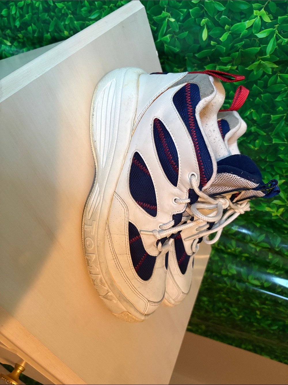Mens White and Navy Athletic Sneakers